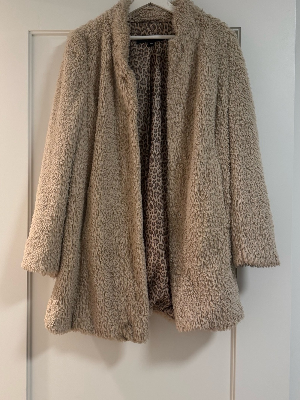 Kenneth Cole Plush Faux Fur Coat in Beige with Leopard Lining